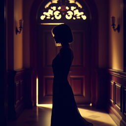 A striking silhouette of a woman with straight, short hair standing confidently in front of a grand, ornately carved wooden door