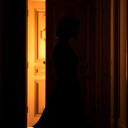 A striking silhouette of a woman with straight, short hair standing confidently in front of a grand, ornately carved wooden door
