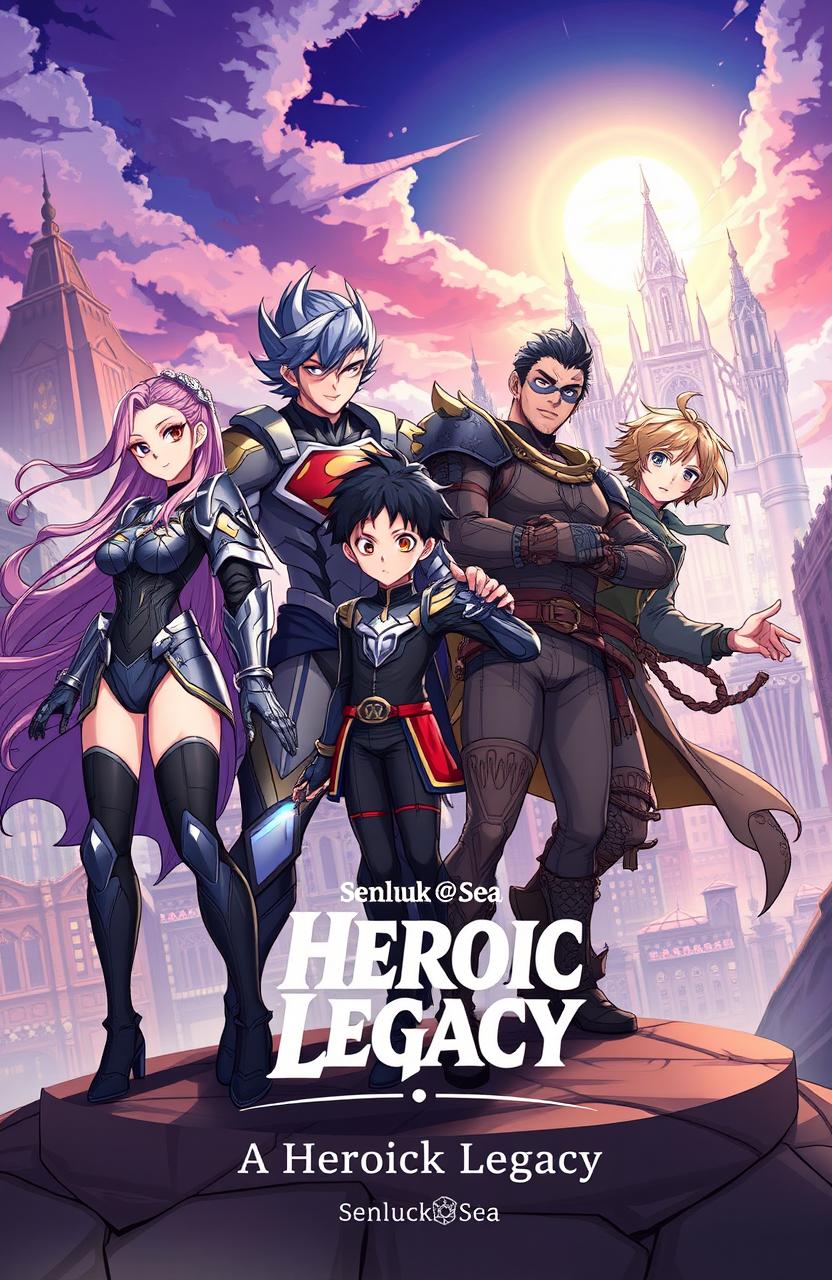 A dynamic and vibrant illustration featuring five heroes, including one girl and four boys, each with unique and heroic characteristics