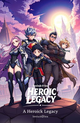 A dynamic and vibrant illustration featuring five heroes, including one girl and four boys, each with unique and heroic characteristics