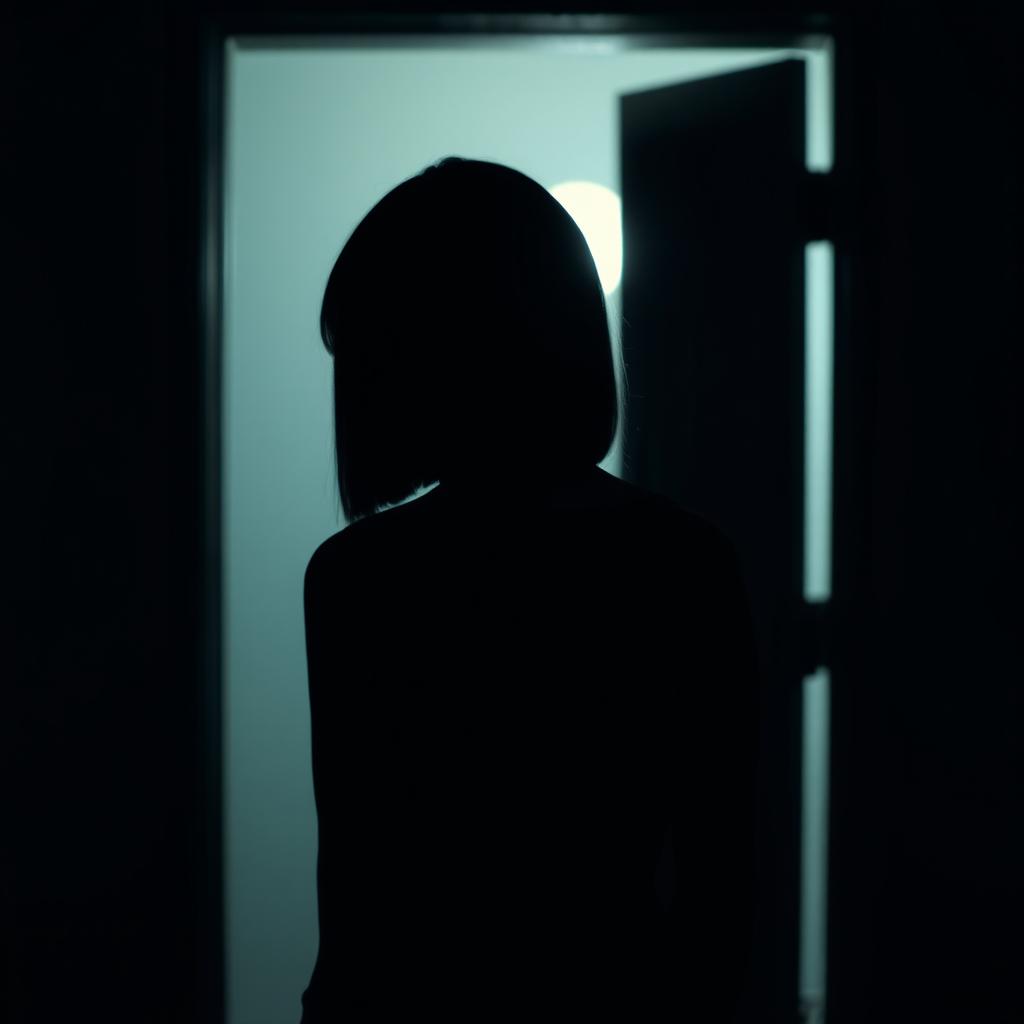 A silhouette of a woman with straight, mid-length short hair, standing with her back facing the viewer in front of a door