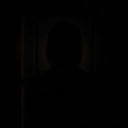 A silhouette of a woman with straight, mid-length short hair, standing with her back facing the viewer in front of a door