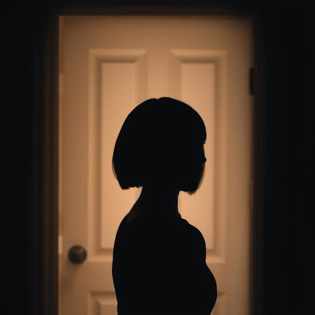 A silhouette of a woman with straight, mid-length short hair, standing with her back facing the viewer in front of a door