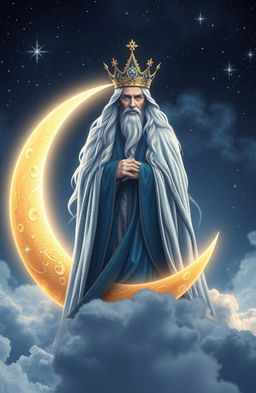 A majestic and ethereal scene featuring the Moon King, a regal figure adorned in shimmering silver and deep blue robes, standing atop a glowing crescent moon