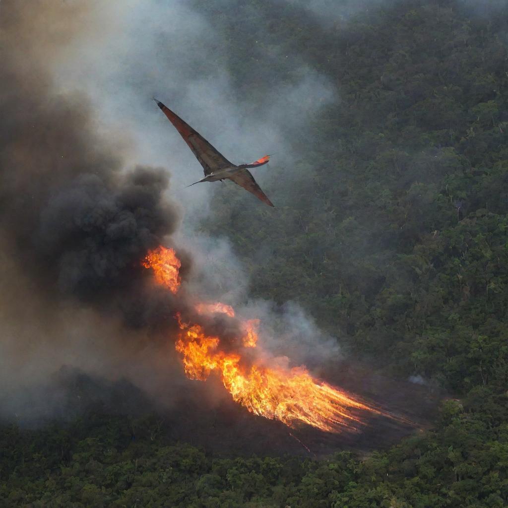 The airplane, with a wing damaged by the Pteranodon, is now trailing smoke and flames as it swiftly descends towards the dense vegetation of Isla Sorna, creating a heart-stopping and intense visual