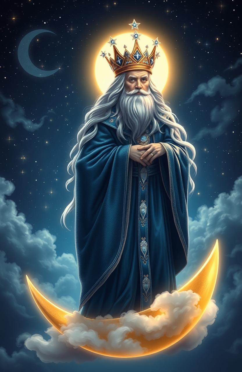 A majestic and ethereal scene featuring the Moon King, a regal figure adorned in shimmering silver and deep blue robes, standing atop a glowing crescent moon