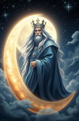 A majestic and ethereal scene featuring the Moon King, a regal figure adorned in shimmering silver and deep blue robes, standing atop a glowing crescent moon