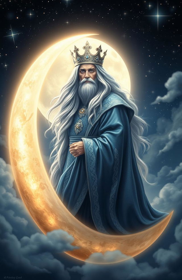 A majestic and ethereal scene featuring the Moon King, a regal figure adorned in shimmering silver and deep blue robes, standing atop a glowing crescent moon