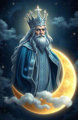 A majestic and ethereal scene featuring the Moon King, a regal figure adorned in shimmering silver and deep blue robes, standing atop a glowing crescent moon