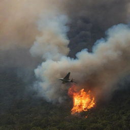 The airplane, with a wing damaged by the Pteranodon, is now trailing smoke and flames as it swiftly descends towards the dense vegetation of Isla Sorna, creating a heart-stopping and intense visual