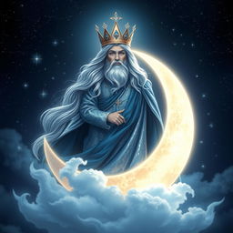 A majestic and ethereal scene featuring the Moon King, a regal figure adorned in shimmering silver and deep blue robes, standing atop a glowing crescent moon