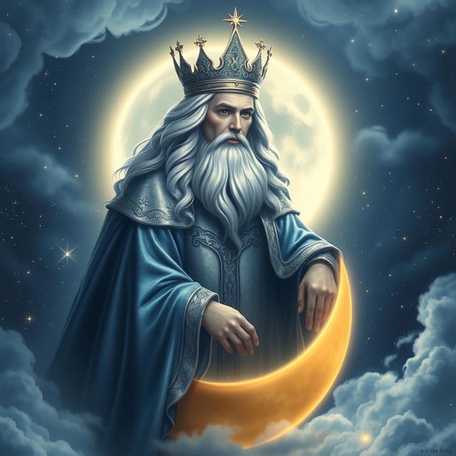 A majestic and ethereal scene featuring the Moon King, a regal figure adorned in shimmering silver and deep blue robes, standing atop a glowing crescent moon