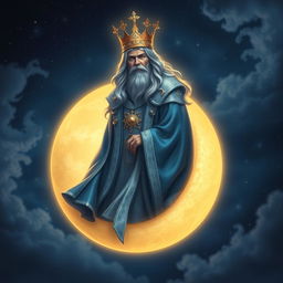 A majestic and ethereal scene featuring the Moon King, a regal figure adorned in shimmering silver and deep blue robes, standing atop a glowing crescent moon