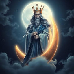 A majestic and ethereal scene featuring the Moon King, a regal figure adorned in shimmering silver and deep blue robes, standing atop a glowing crescent moon