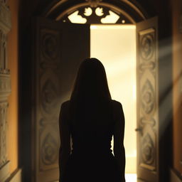 A silhouette of a woman with straight hair, standing with her back facing the viewer in front of an open door that evokes a historical or fantasy vibe