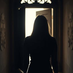 A silhouette of a woman with straight hair, standing with her back facing the viewer in front of an open door that evokes a historical or fantasy vibe