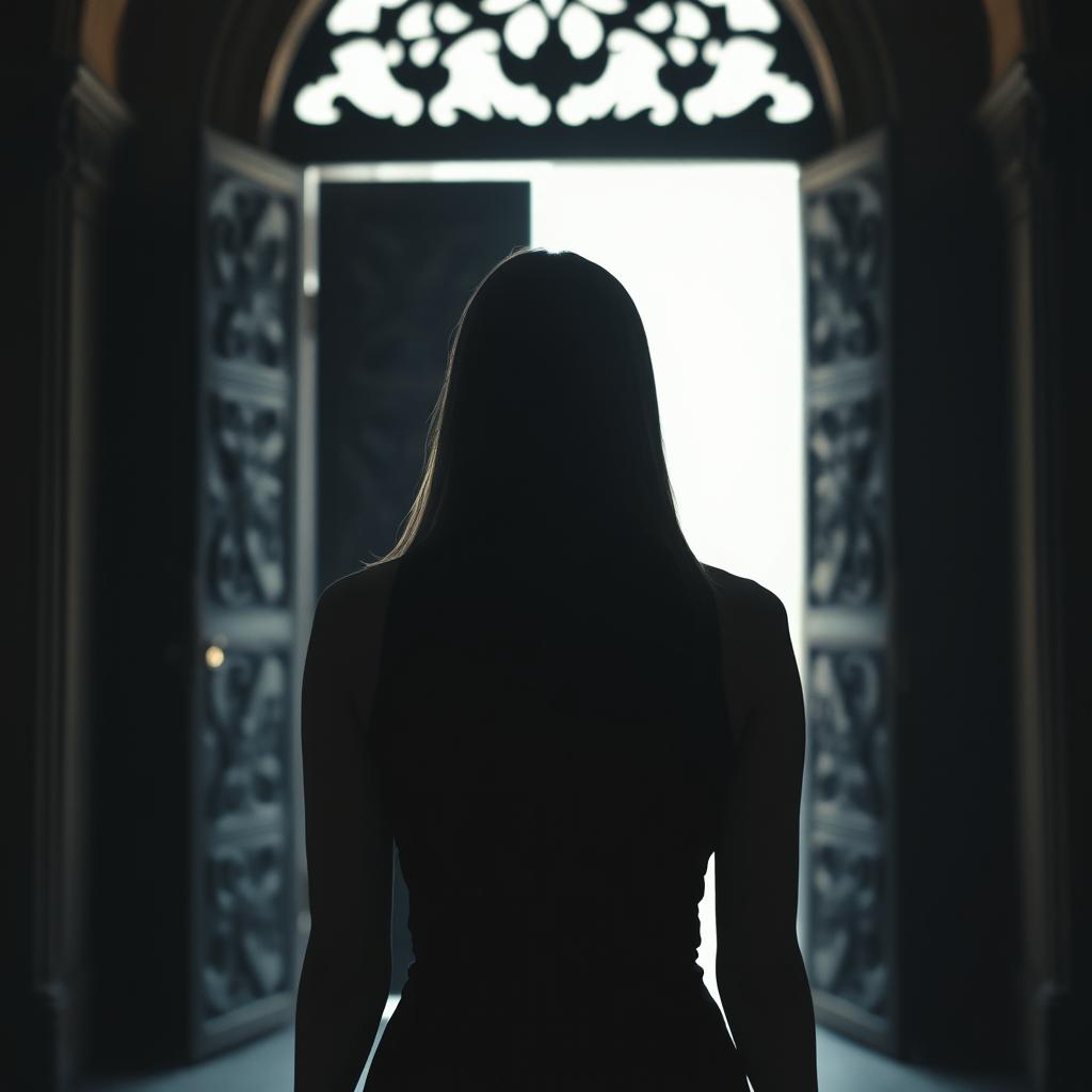 A silhouette of a woman with straight hair, standing with her back facing the viewer in front of an open door that evokes a historical or fantasy vibe