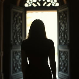 A silhouette of a woman with straight hair, standing with her back facing the viewer in front of an open door that evokes a historical or fantasy vibe