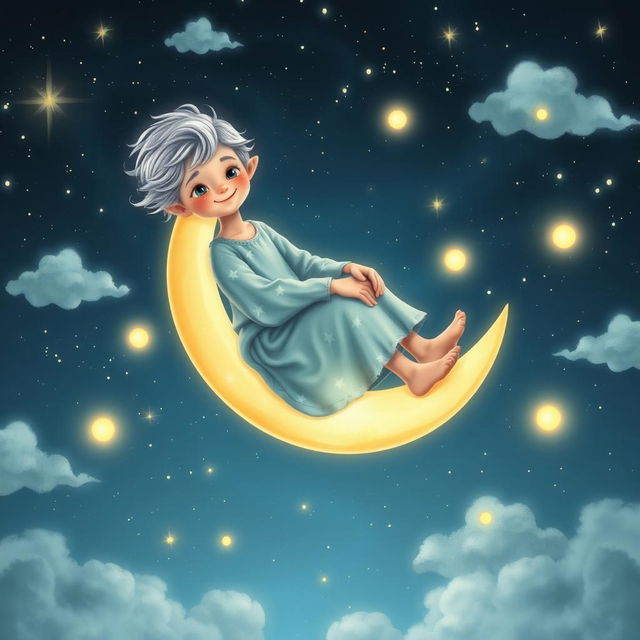 A whimsical and enchanting scene depicting the Moon Boy, a young celestial figure with silvery hair, seated on a luminous crescent moon