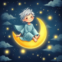 A whimsical and enchanting scene depicting the Moon Boy, a young celestial figure with silvery hair, seated on a luminous crescent moon