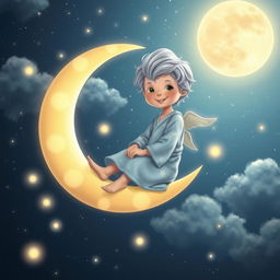 A whimsical and enchanting scene depicting the Moon Boy, a young celestial figure with silvery hair, seated on a luminous crescent moon
