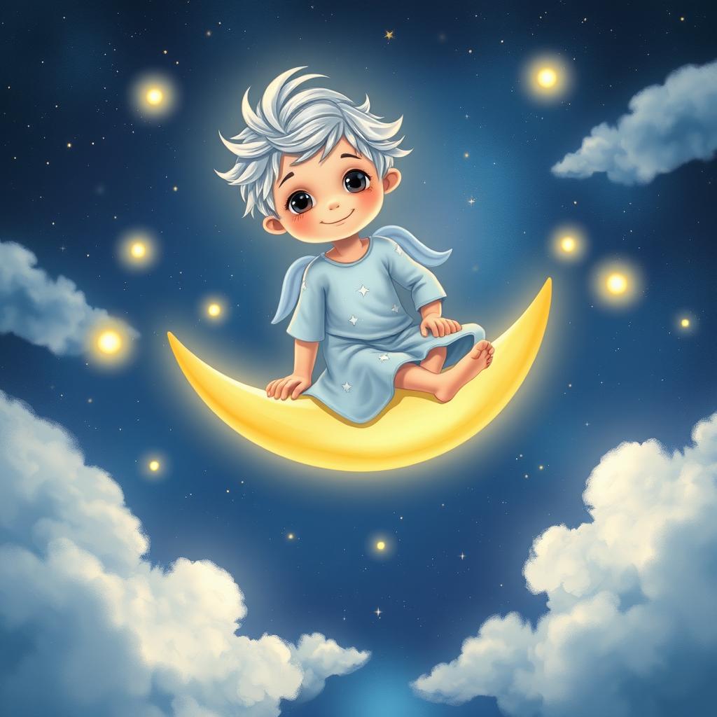 A whimsical and enchanting scene depicting the Moon Boy, a young celestial figure with silvery hair, seated on a luminous crescent moon