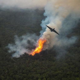 The airplane, with a wing damaged by the Pteranodon, is now trailing smoke and flames as it swiftly descends towards the dense vegetation of Isla Sorna, creating a heart-stopping and intense visual