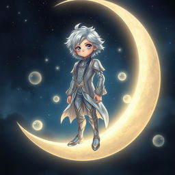 A mystical and enchanting portrayal of the Moon Adult Boy, a young celestial figure with silvery hair, dressed in an elegant silver and navy outfit that resembles a starry night sky