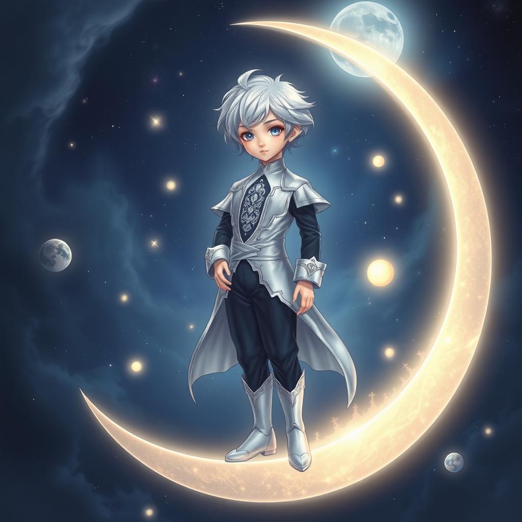 A mystical and enchanting portrayal of the Moon Adult Boy, a young celestial figure with silvery hair, dressed in an elegant silver and navy outfit that resembles a starry night sky