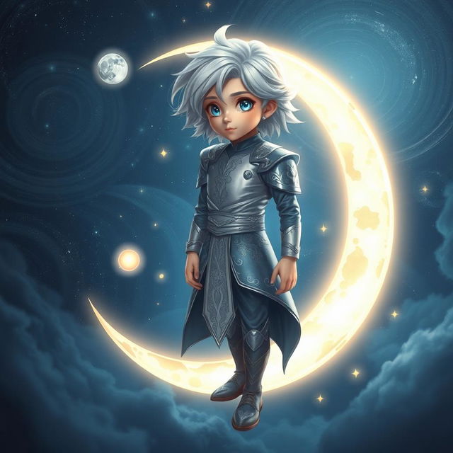 A mystical and enchanting portrayal of the Moon Adult Boy, a young celestial figure with silvery hair, dressed in an elegant silver and navy outfit that resembles a starry night sky