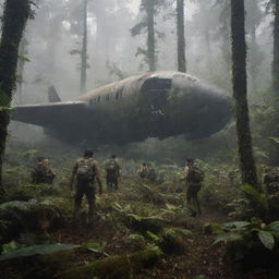 The survivors frantically escaping from the smoking wreckage of the airplane in the lush greenery of Isla Sorna