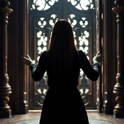 A silhouette of a woman with straight hair, standing with her back to the viewer, holding a door as if about to push it open