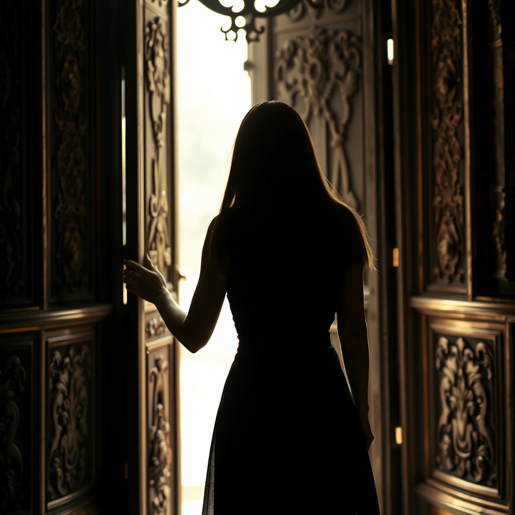 A silhouette of a woman with straight hair, standing with her back to the viewer, holding a door as if about to push it open