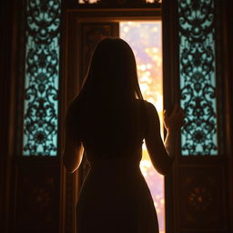 A silhouette of a woman with straight hair, standing with her back to the viewer, holding a door as if about to push it open