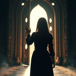A silhouette of a woman with straight hair, standing with her back to the viewer, holding a door as if about to push it open
