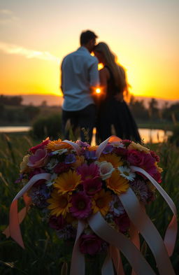 A serene and contemplative scene depicting a lush landscape at sunset, with golden hues illuminating the sky and casting reflections on a tranquil lake