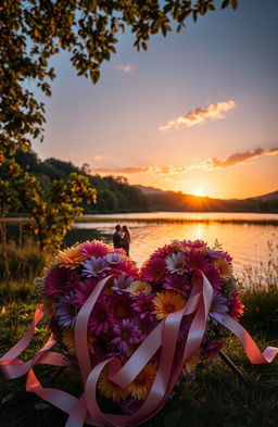 A serene and contemplative scene depicting a lush landscape at sunset, with golden hues illuminating the sky and casting reflections on a tranquil lake