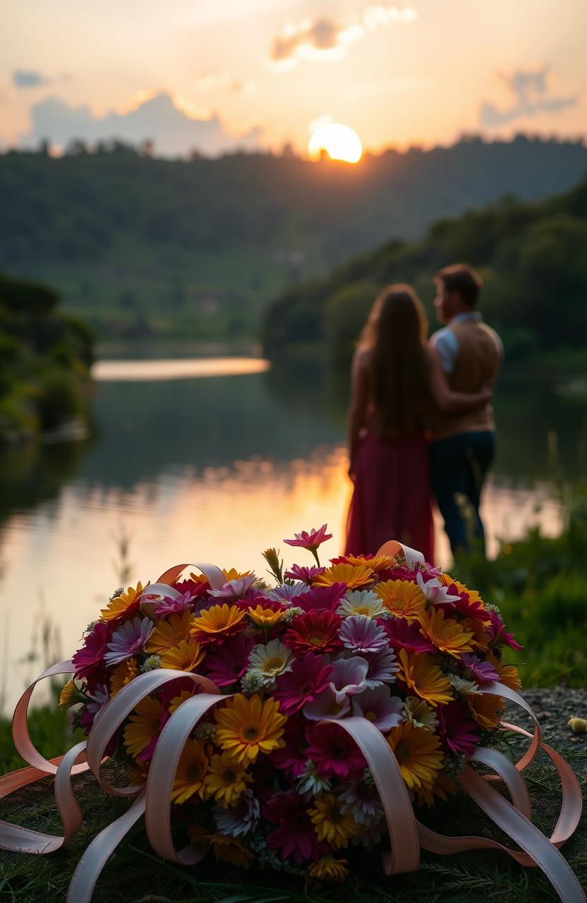 A serene and contemplative scene depicting a lush landscape at sunset, with golden hues illuminating the sky and casting reflections on a tranquil lake