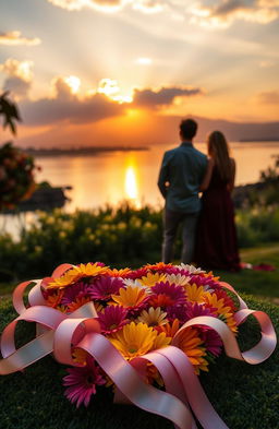 A serene and contemplative scene depicting a lush landscape at sunset, with golden hues illuminating the sky and casting reflections on a tranquil lake