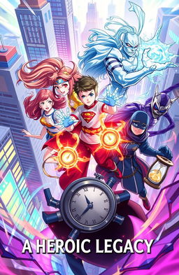 A vibrant and dynamic illustration of five heroes from the story "A Heroic Legacy"