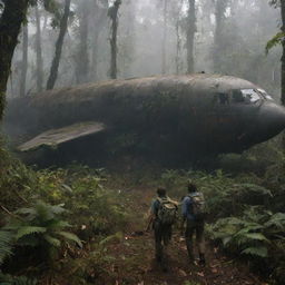 The survivors frantically escaping from the smoking wreckage of the airplane in the lush greenery of Isla Sorna