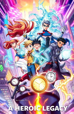 A vibrant and dynamic illustration of five heroes from the story "A Heroic Legacy"