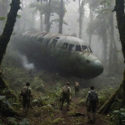 The survivors frantically escaping from the smoking wreckage of the airplane in the lush greenery of Isla Sorna