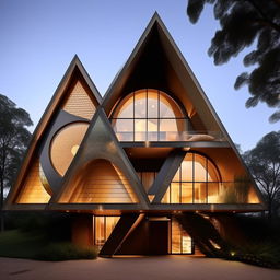 A two-story house where the front face is architecturally unique with a circular design on the top floor and a triangular design on the bottom floor.