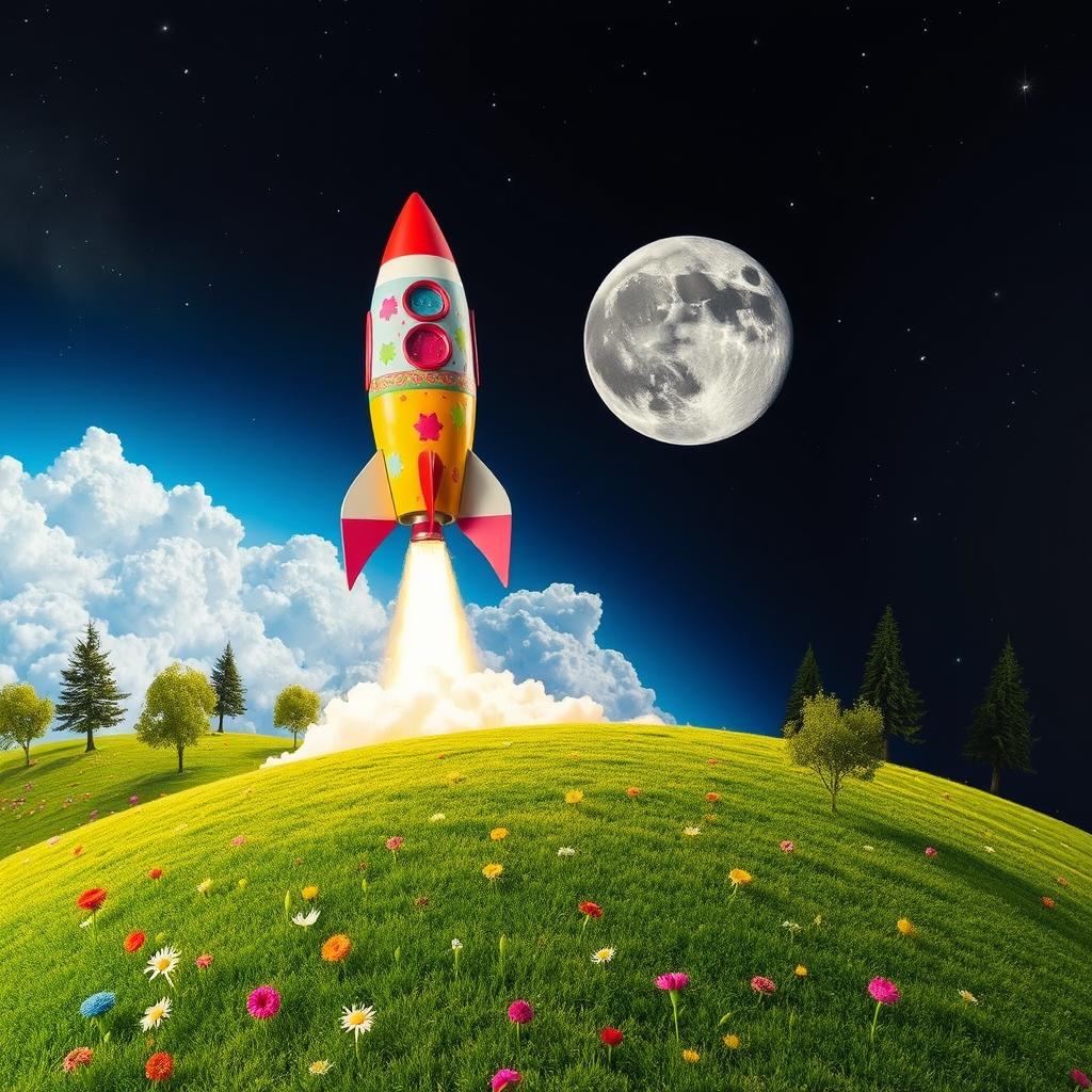 An imaginative and adventurous scene depicting a vibrant Journey to the Moon