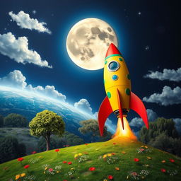 An imaginative and adventurous scene depicting a vibrant Journey to the Moon