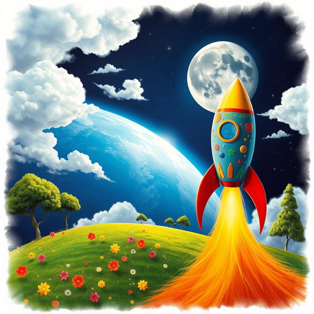 An imaginative and adventurous scene depicting a vibrant Journey to the Moon