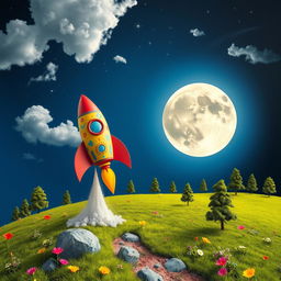 An imaginative and adventurous scene depicting a vibrant Journey to the Moon