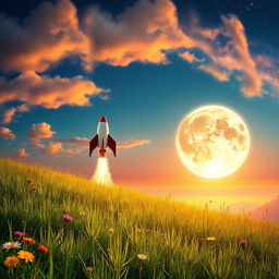 An adventurous Journey to the Moon captured in a vibrant, dynamic scene