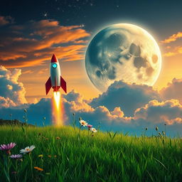 An adventurous Journey to the Moon captured in a vibrant, dynamic scene